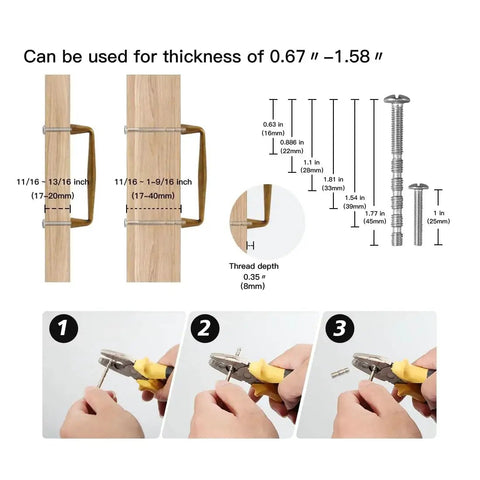 10 Pack Antique Brass Cabinet Pulls shown with installation instructions and screw length details for cupboards or wardrobes.