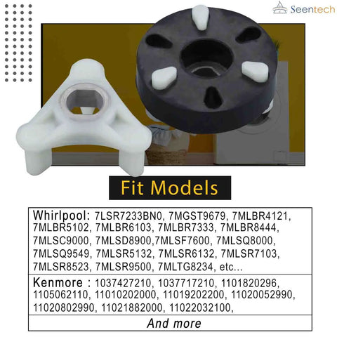 Seentech metal-core motor coupling kit for Whirlpool/Kenmore washers; front view shows white y-coupler and black hub