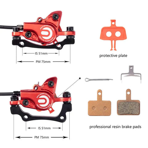 Front view of red aluminum Cyclon MTB hydraulic disc brake caliper with black mounting bracket and pads.