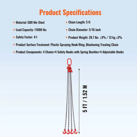 Four-chain steel lifting sling with red master link and four red hooks, 5 ft long.