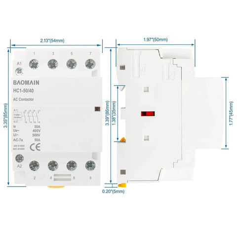 Heavy Duty 110V AC 4 Pole Contactor With Four Normally Open Contacts, 50A Rating, DIN Rail Mount, front and side view dimensions