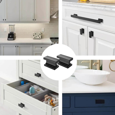 Collage of 2 pack extra large matte black square cabinet knobs for modern cabinets and drawers, installed in kitchens and bathrooms.
