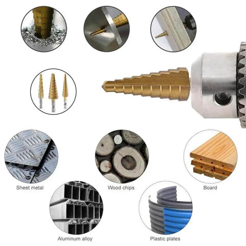 Titanium Coated Step Drill Bit Set for Aluminum Wood and Plastic Holes High Speed Steel Cone Bits Multi Size Unibit 3 Piece Kit for DIY Enthusiasts Aleric shown with various materials.