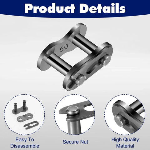 Close-up of Ten Pieces Size 50 Roller Chain Connecting Links Master Connector Link, showing high-quality material and secure nut.