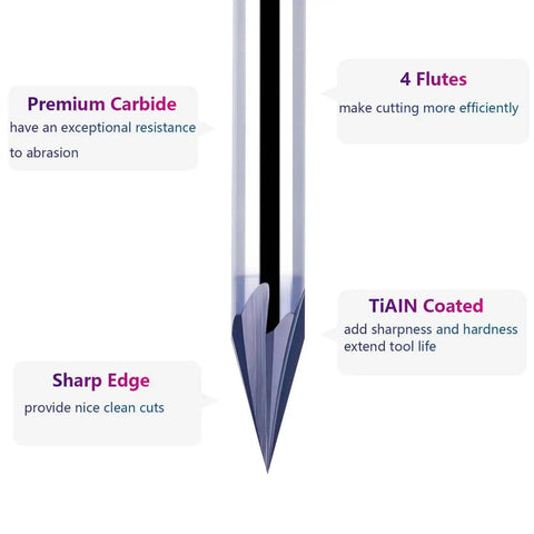 Close-up of a 30 Degree V Groove Router Bit With TiAIN Coated One Quarter Inch Shank Four Flute Pro Grade Carbide Chamfer End Mill For CNC Engraving And Lettering SpeTool For Woodworking And Sign Making Projects, highlighting premium carbide, sharp edge, TiAIN coating, and 4 flutes.