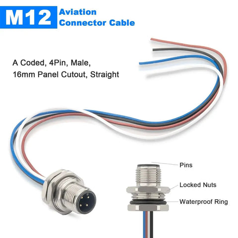 M12 4 Pin A Code Male Connector Cable 0.7 Ft Panel Mount Extension Cable Outdoor IP67 Waterproof Bulkhead Connector for Industrial Sensors