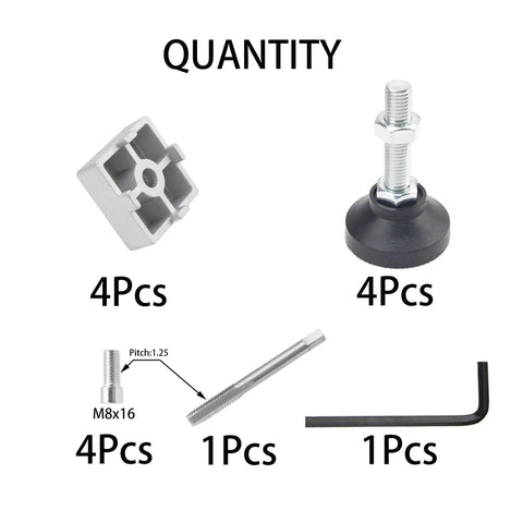 Four Sets 4040 Aluminum Profile Adjustable Feet For T Slot 8mm Leveling Leg Bracket Kit components including connectors, screws, tap, wrench.