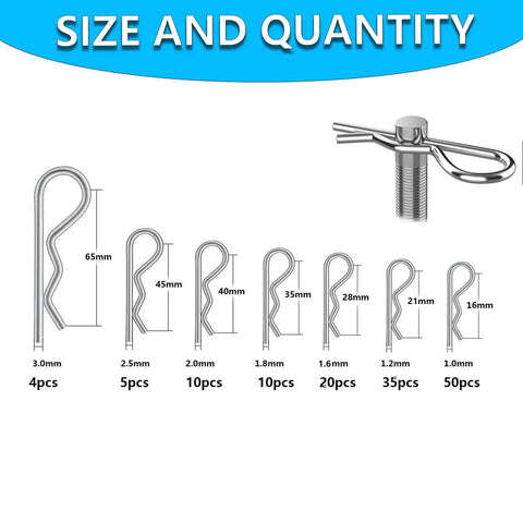Illustration of 302-Piece Cotter Pin And R Clip Assortment Kit in 13 Sizes, 304 Stainless Steel, for engine repair by SpzcdZa