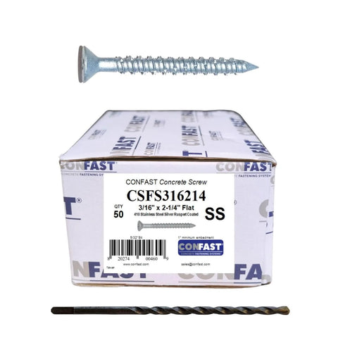 3/16 Inch By 2-1/4 Inch Concrete Screws Set With 410 Stainless Steel Self-Tapping Hex Head And Diamond Point, Includes Concrete Drill Bit