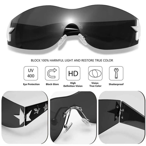 Rimless Y2K Sunglasses With Star Wrap Design UV400 Protection Lightweight PC Frames And Reinforced Hinges in Black
