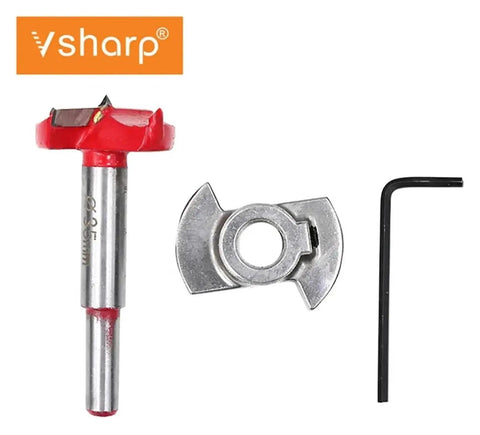 Carbide Hinge Hole Opener Drill Bit Set For Woodworking with positioning blade and hex wrench, red colored drill bit.