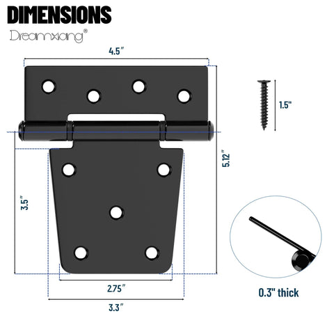 Dimensions of Heavy Duty Gate Hinges Three And A Half Inch Black Iron Strap Hinges For Wood Fence Gate And Vinyl Shed Door With Screws 8 Pack Full Or Half Surface Mount 60 Pound Capacity Weather Resistant Outdoor Use Durable Construction.