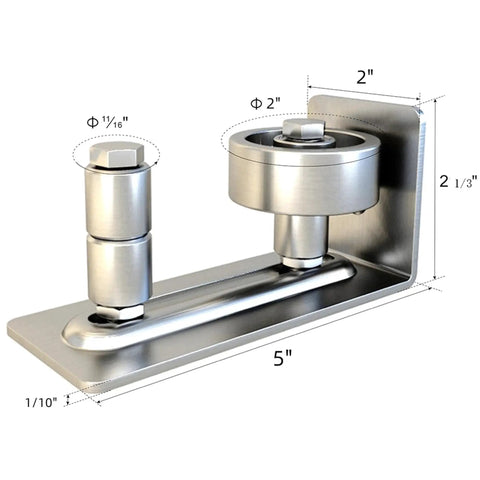 Stainless Steel Sliding Barn Door Floor Guide Wall Mounted Flush Mount Stay Roller With Bottom Adjustable Roller, dimensions shown.
