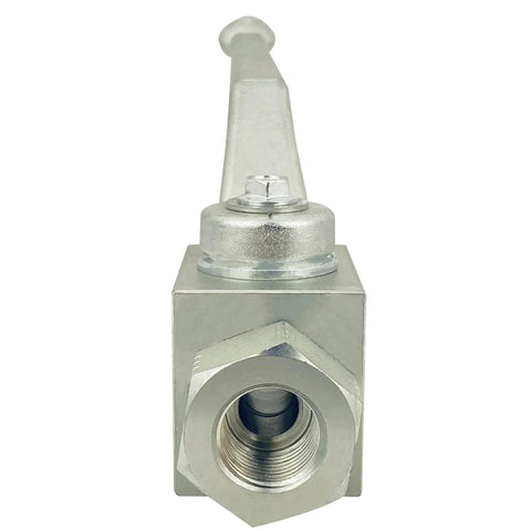 Front view of Two Way Hydraulic Ball Valve With Three Eighths Inch NPT 7250 PSI Maximum Shut Off Carbon Steel With Zinc Plating Suitable For Hydraulic And Water Applications Autovo KHB Series