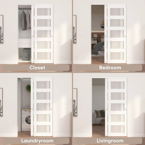White Sliding Closet Door 48 By 80 Inches With Frosted Glass Double 25 Inch Panels shown installed in different rooms