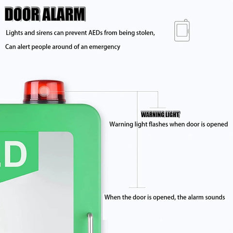 Door alarm detail of Wall Mounted Go-To AED Defibrillator Cabinet With Alarm, Keyed Lock And First Aid Case, showing warning light.