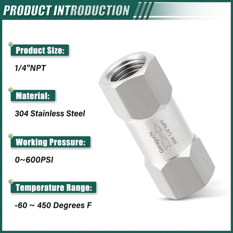 Stainless steel 1/4in NPT female check valve for backflow prevention, Goraguchi, 1 pc