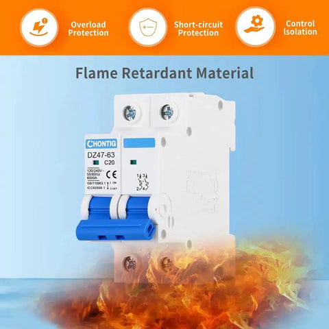 20 Amp Two Pole 120V And 240V Circuit Breaker With Thermal Magnetic Trip For Solar And RV Systems DIN Rail AC Disconnect C20 Multi Voltage Protection And Low Voltage Safety Rock Solid in white with blue toggle, flame retardant material.