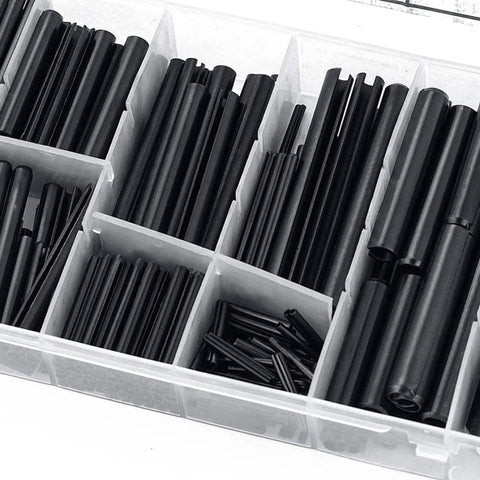 Assorted Slotted Spring Dowel Pins Kit, 450 Piece Set, Durable Spring Steel With Black Oxide Finish in organized case