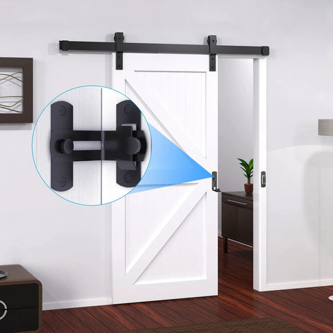 90 Degree Flip Barn Door Lock For Privacy And Security Hook Gate Latch Made From 304 Stainless Steel with Corrosion Resistant Finish installed on white sliding door