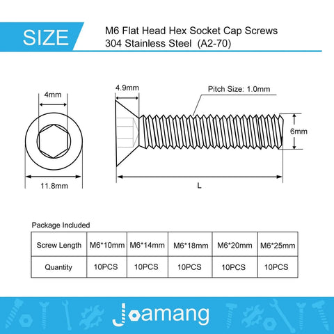 M6 Flat Head Hex Socket Cap Screws Assortment Kit 50Pcs Stainless Steel 304 with metric measurements and size chart