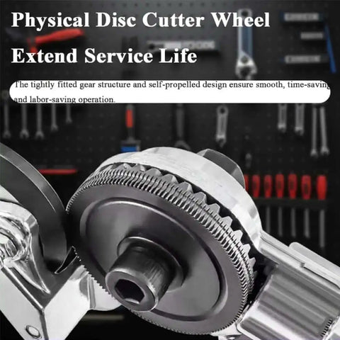 Close-up of drill nibbler attachment for electric drills, highlighting physical disc cutter wheel, smooth operation in workshop.