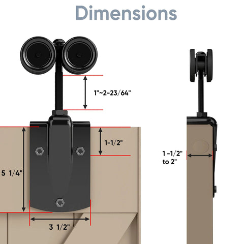 Dimensions of the Exterior Sliding Barn Door Hardware Kit With Box Rail Hangers, Black Finish shown in front and side view.