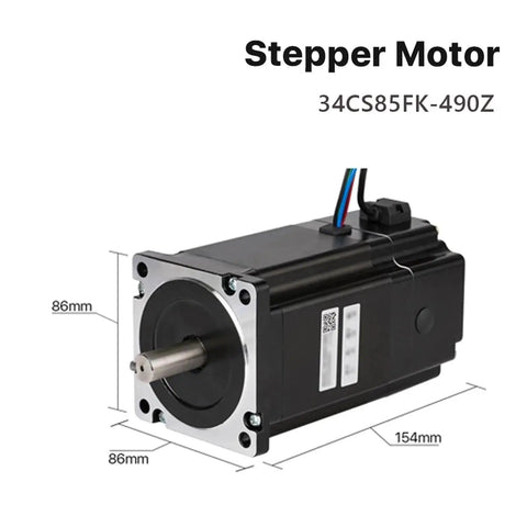 Nema 34 CNC stepper motor with brake; black housing, 86mm square mounting face, 154mm long.
