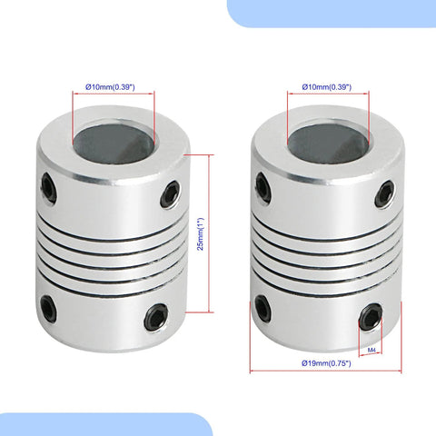 Two aluminum Aopin 10mm to 10mm flexible beam couplings, 25mm long, 19mm OD with M4 mounting holes.