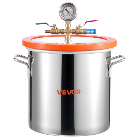 3-gallon stainless steel vacuum chamber with pump by VEVOR, tempered glass lid, gauge, brass valves, 5 ft hose.