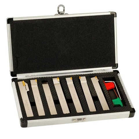 Heavy Duty 1/2 Inch Shank Indexable Lathe Tool Set With Nickel Plated CNC And Metal Lathe Tool Holders For Turning Grooving Threading Parting And Cut Off 7 Piece Kit Durable And Corrosion Resistant Built To Last in open case
