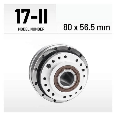 Front view of HS-17-II Harmonic Drive Strain Wave Gearbox SHF-17-II showing model number and dimensions, ideal for high torque automation.