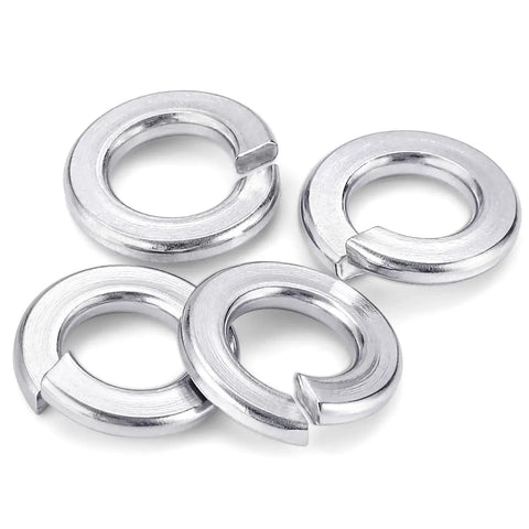 Top-down view of four Mellewell #8 lock washers in bright stainless steel (304/18-8)