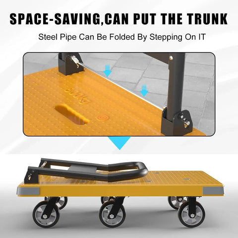 Heavy Duty Folding Platform Cart With 1764 Pound Capacity shown folded with reinforced base and swivel wheels