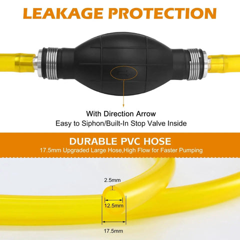 Portable Hand Fuel Transfer Pump With 10 Ft Siphon Hose showing one way valve with yellow durable PVC hose.