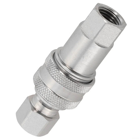 Hydraulic quick connector M14, silver metal coupling with knurled grip and hex ends
