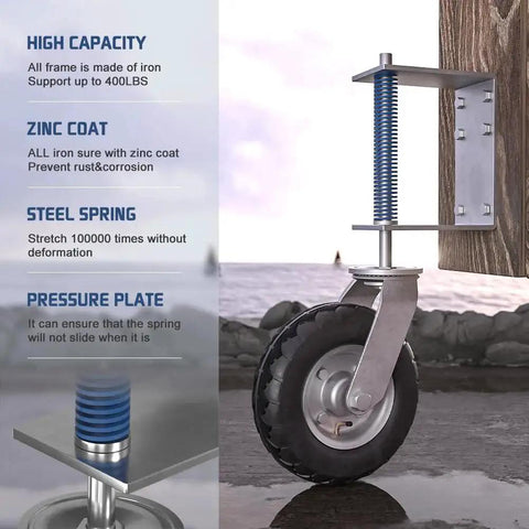 Heavy Duty 8 Inch Gate Wheel For Wooden Or Metal Gates With Pneumatic Tire Spring Loaded 360 Degree Rotation 400 Lb Capacity Includes Screws And Spanner For Smooth Sliding And Stable Gate Positioning showing side view with metal frame and blue spring on rocky surface.
