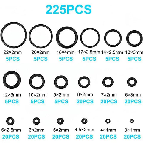 225 Pieces Nitrile Rubber O Ring Kit With 18 Size Assortment for Automotive Plumbing Air Gas Water Sealing, Image of Various Sizes from 3mm to 22mm
