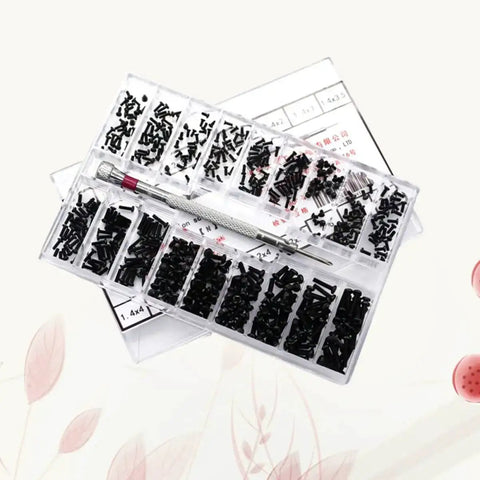 Miniature Screw Set Kit With Three Kinds Flat Countersunk Machine Screws Assortment Box Tool Box For Repair Pros And DIYers Carbon Steel Tiny Fasteners For Precision Projects in a clear case with compartments.