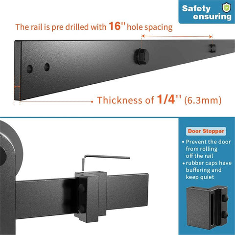 Close-up of 4 Ft Sliding Barn Door Hardware Kit For Single Door - Heavy Duty Black Track System, showing rail thickness and door stopper.