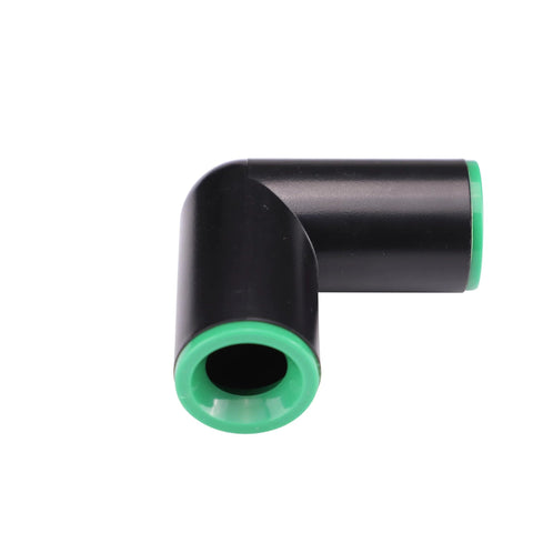 Raindrip 1/2-inch compression elbow, black plastic body with green ends, side view