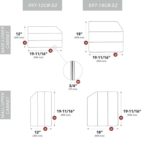 Diagram showing dimensions of 12 Inch Baking Sheet Organizer Rack For Wall And Base Kitchen Cabinets Chrome Wire Divider in cupboards.