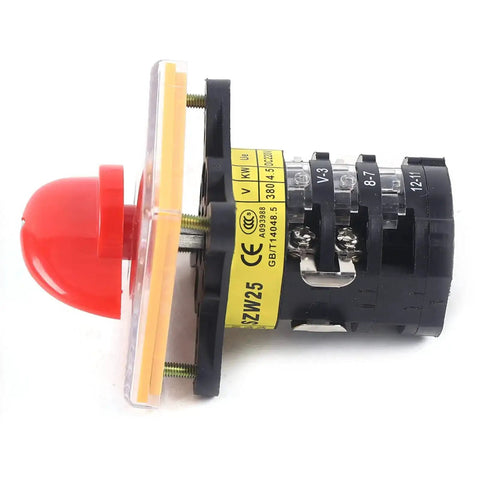 Forward Reverse 3 Phase Milling Switch with red rotary selector, 64x64x61mm, durable plastic and metal, side view