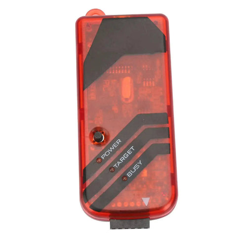 Budget Friendly Microcontroller Programmer Debugger And Emulator For Beginners, red casing with LED indicators for hobbyists.