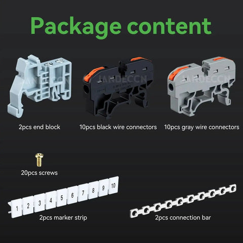 Package content of No Sweat Universal DIN Rail Terminal Blocks Kit with connectors, end blocks, marker strips, screws, connection bars.