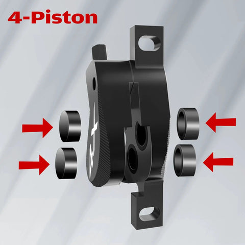 DYISLAND SD-230X 4-Piston MTB hydraulic brake caliper exploded view, black aluminum with mounting ears