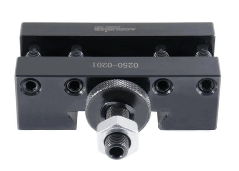 Front view of BXA Quick Change Turning And Facing Tool Holder For Lathe Style 1 With Five Eighths Inch Tool Capacity Fits 10 To 15 Inch Swing USA Style Post Durable Steel Construction 0250 0201, showing durable steel design and fastening mechanism.