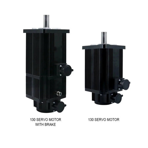 Front view of two black 130 servo motors with cooling fins; one with a brake on the side.