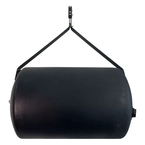 Front view of Powerful 270 Lb Poly Lawn Roller For Push Or Tow With Easy Turn Tethered Plug And Quick Filling Drum 18 By 24 Inches Brinly PRC-241BH-A