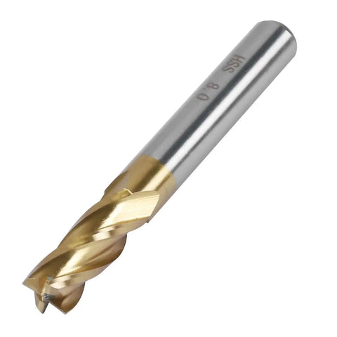 Close-up of a Two Pack Four Flute Titanium Coated Carbide End Mills For Wood And Aluminum Five Sixteenth Inch Eight Millimeter Shank CNC.
